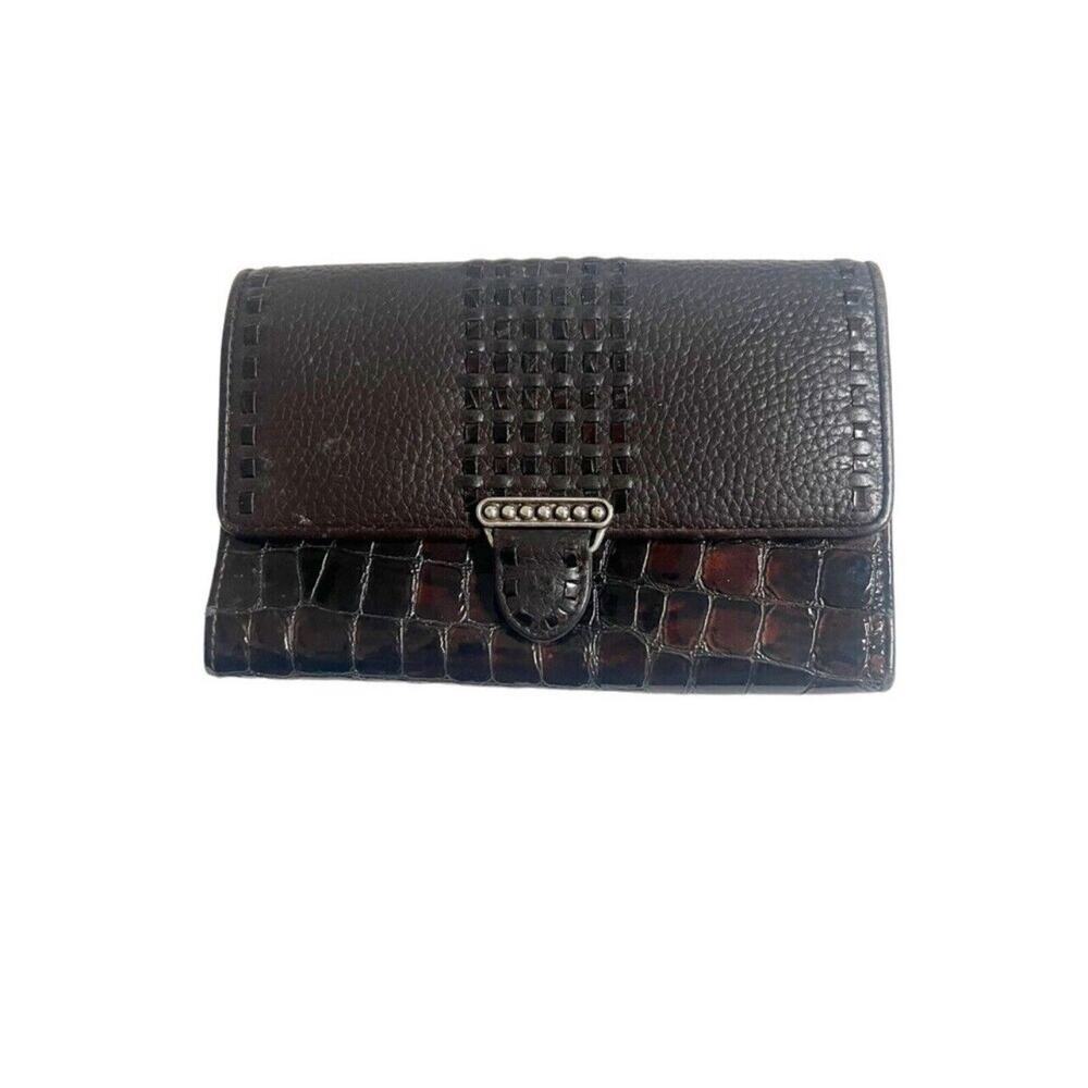 Vintage Brighton Brown Croc Embossed Leather Check Book Wallet Emblem